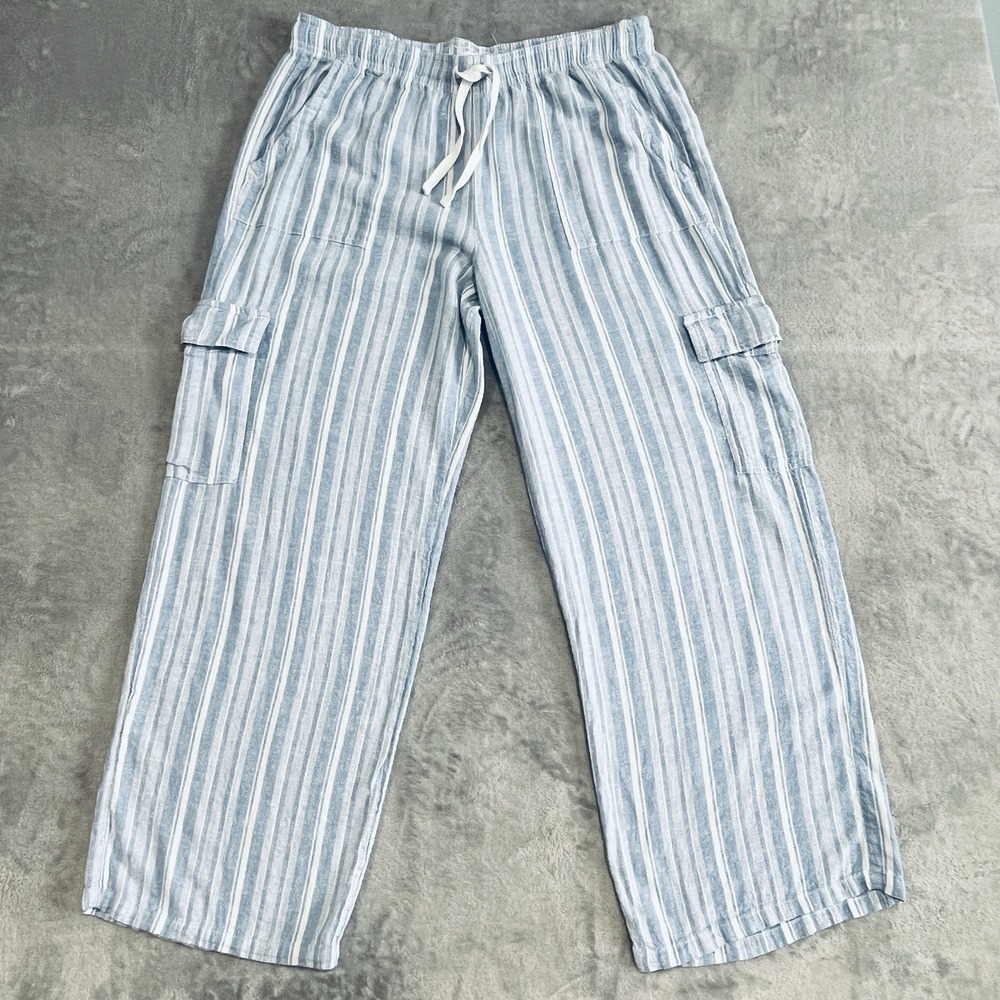 Roxy Pants Women's XL Cargo Pullon Cottage Linen Blend Blue Stripe Beach Casual